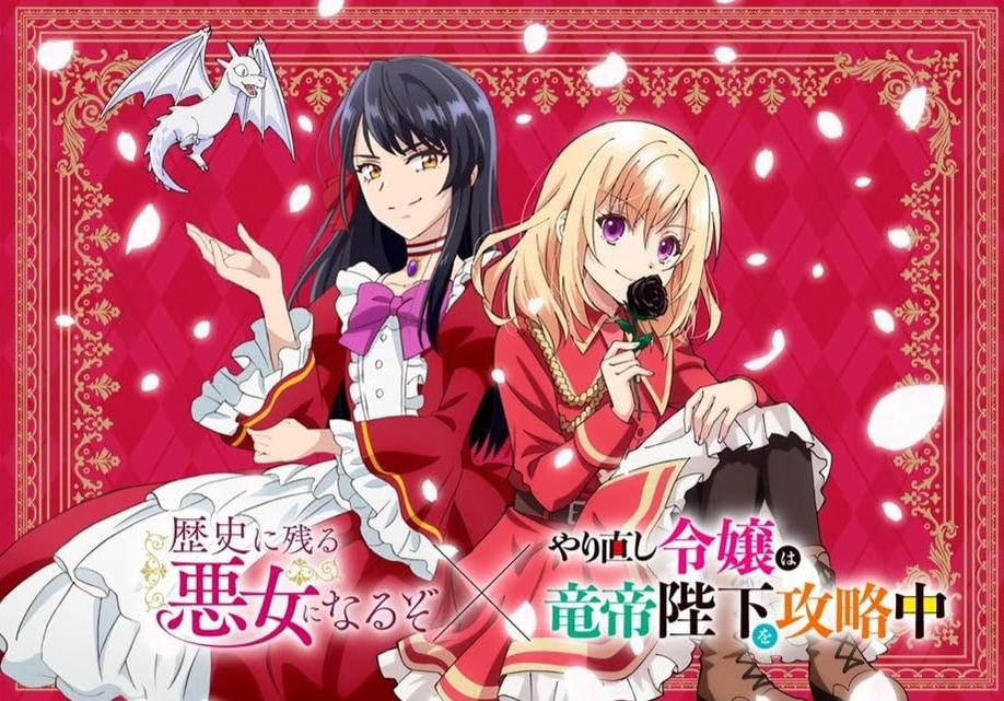 Zwei Anime-Mädchen in roten Kleidern sitzen, eines hält eine schwarze Rose, ein Drache fliegt.