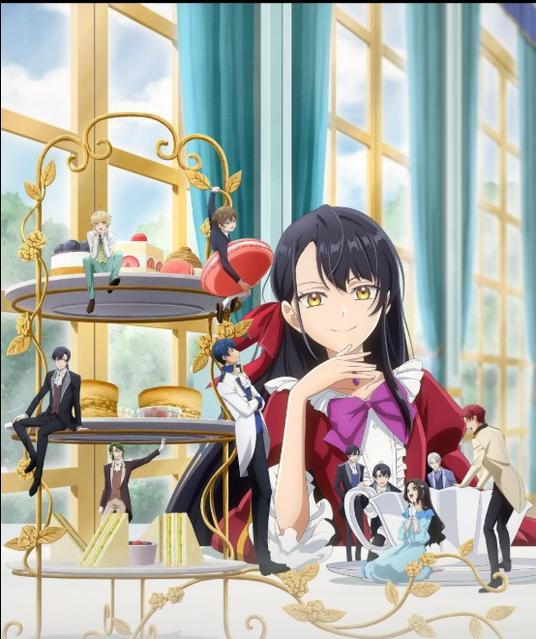 Anime-Szene mit jungen Leuten und Gebäck auf einem mehrstöckigen Ständer.