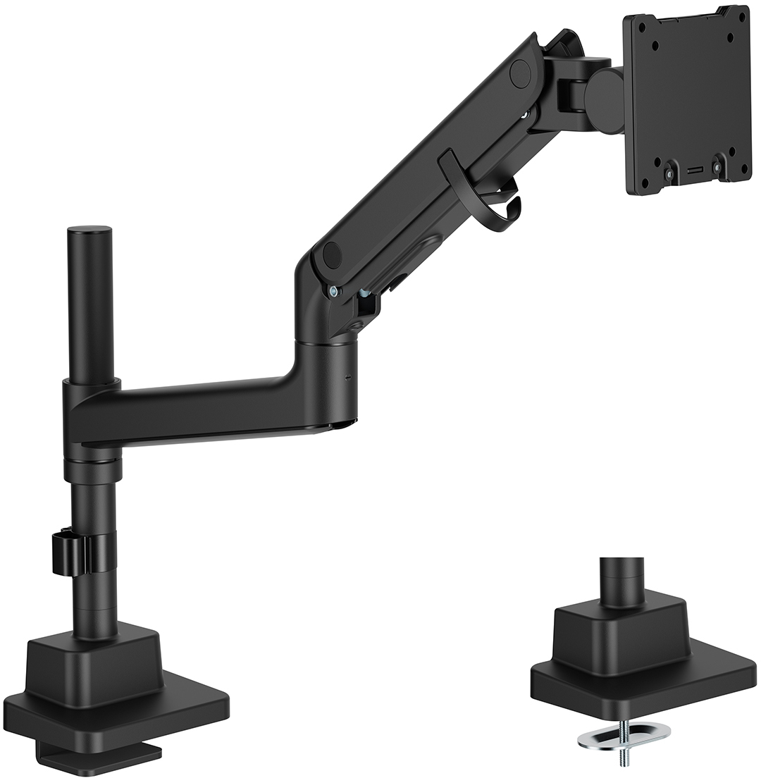 Ein schwarzer Monitorarm mit Tischklemme und VESA-Halterung.