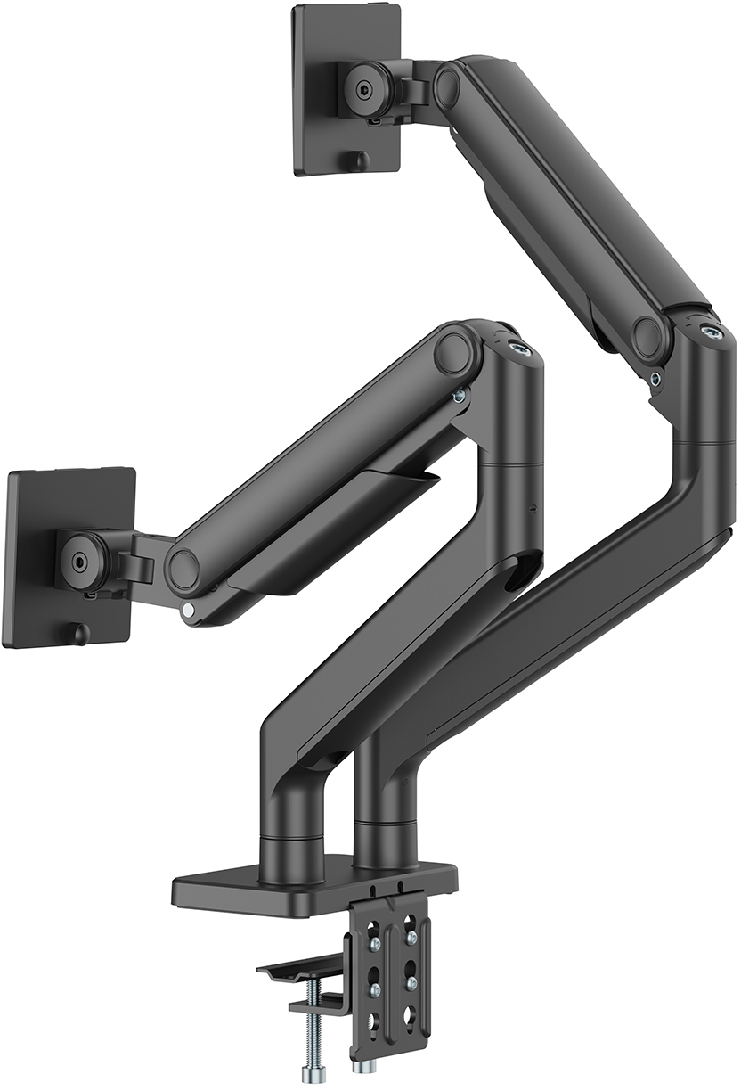 Doppelte schwarze Monitorarme mit Klemmfuß und Wandmontageplatten, auf Weiß.