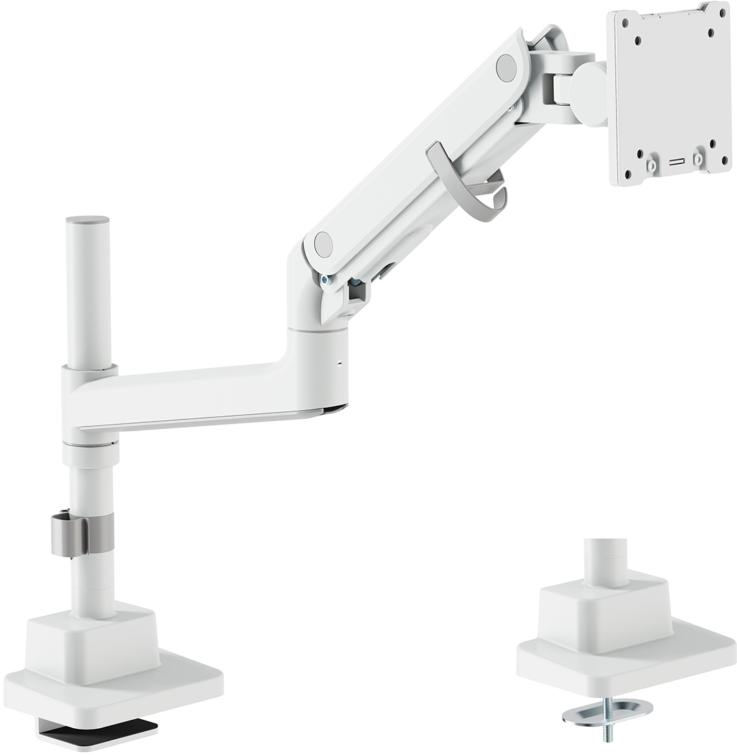 Ein weißer Monitorarm mit Klemmfuß und separatem Sockel.
