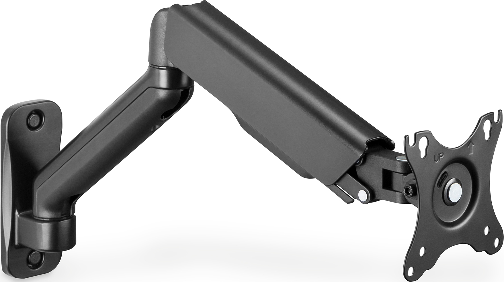 Ein schwarzer, schwenkbarer Monitorarm mit Wandhalterung und VESA-Platte.