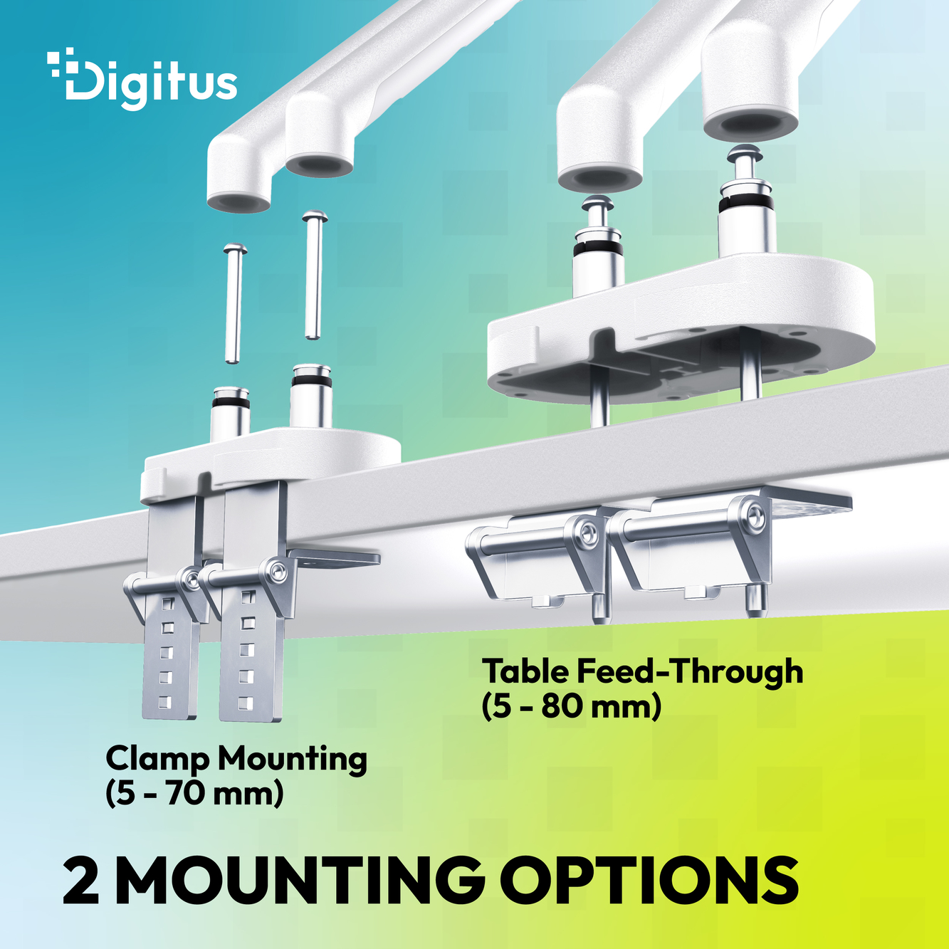 Digitus-Logo, Klemmmontage (5-70mm) und Tischdurchführung (5-80mm).