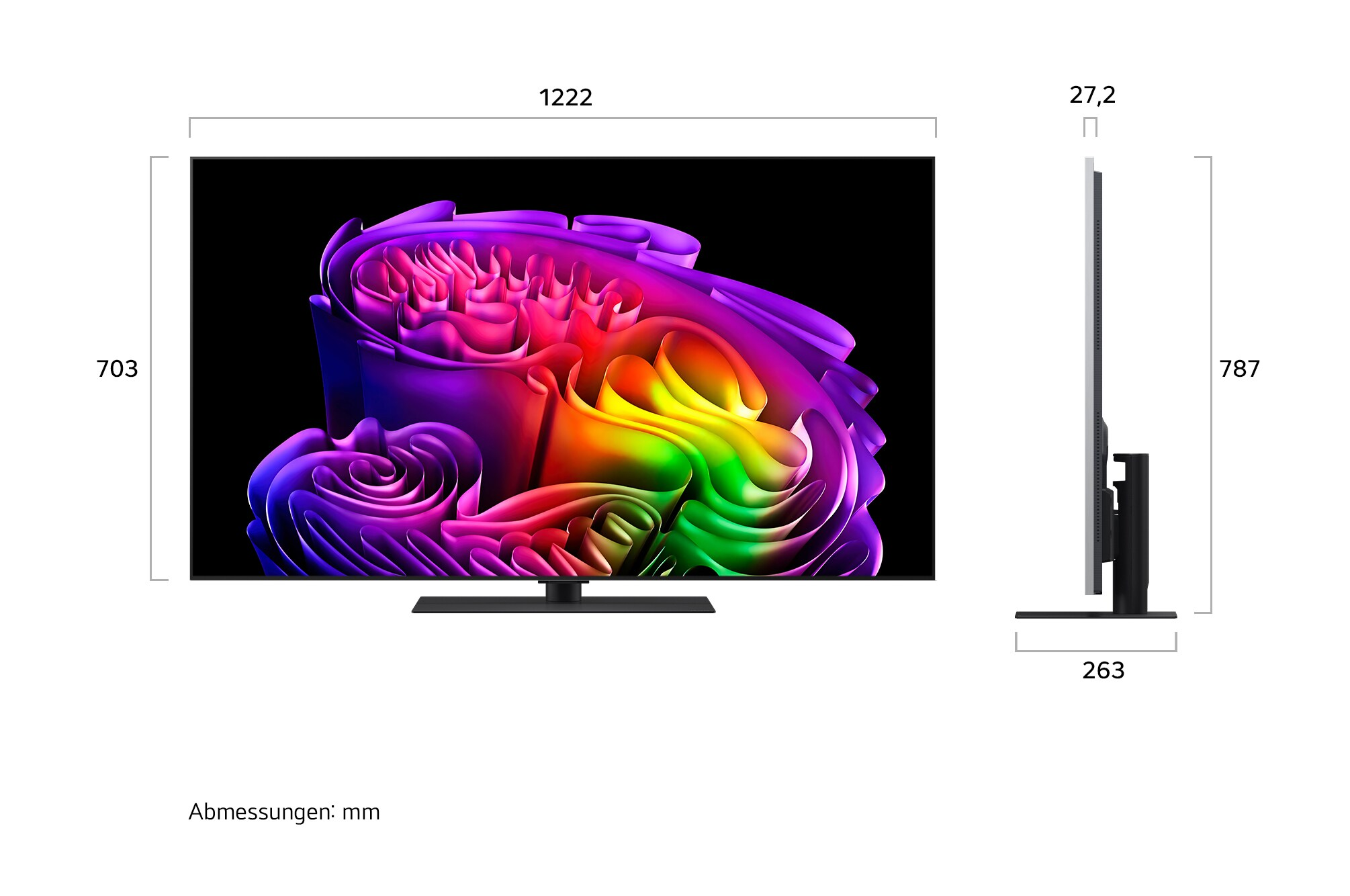 Une télévision moderne affichant un économiseur d'écran abstrait coloré. Les dimensions sont indiquées.