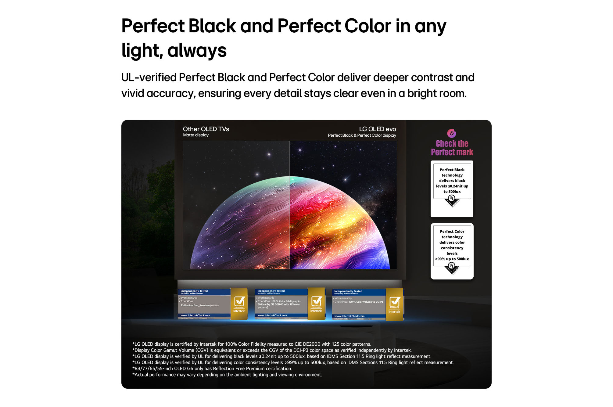 Comparaison d'écrans OLED : LG OLED evo affiche des noirs et des couleurs parfaits.