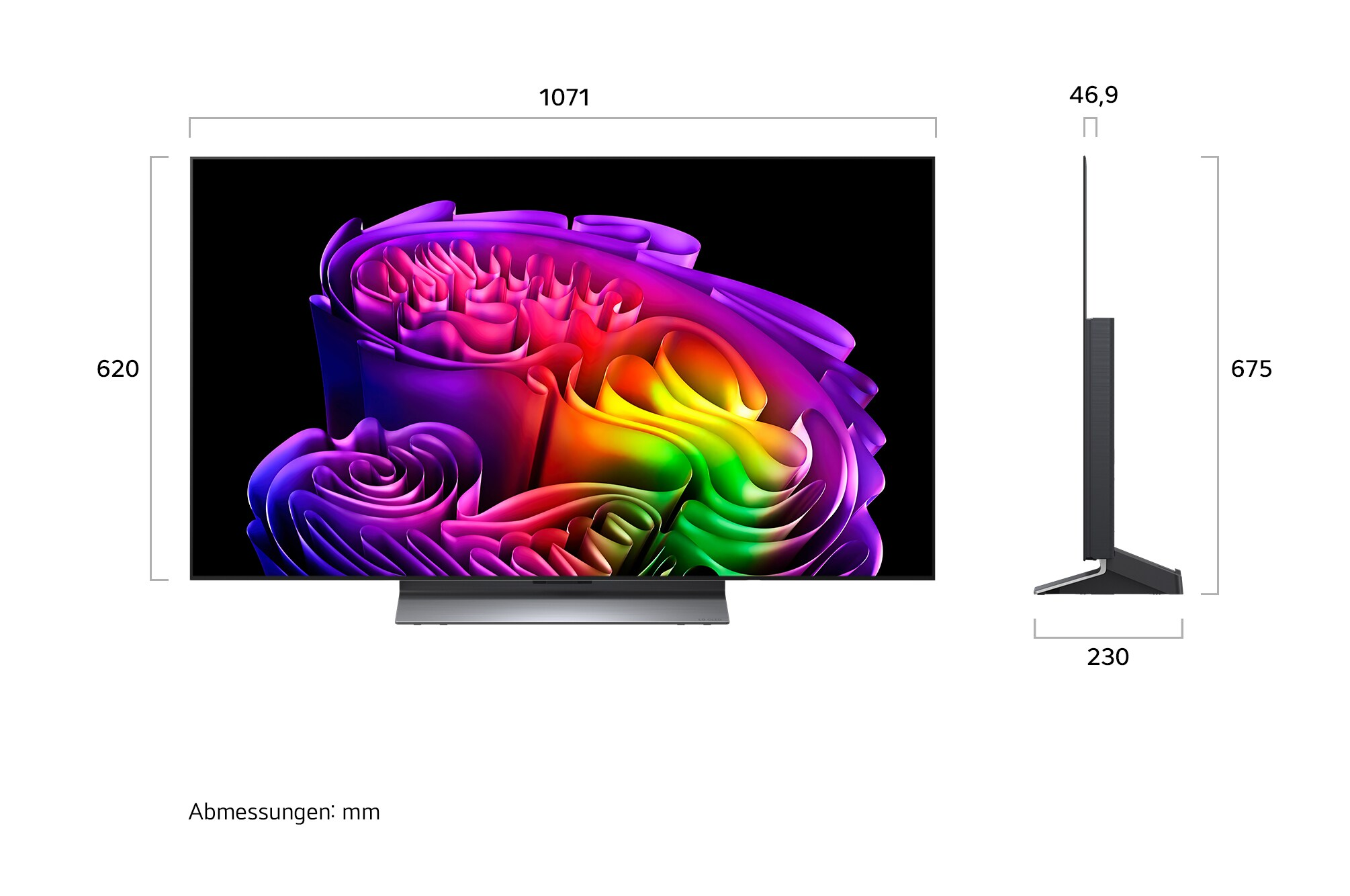 Une télévision moderne affichant une image abstraite colorée, avec des dimensions.
