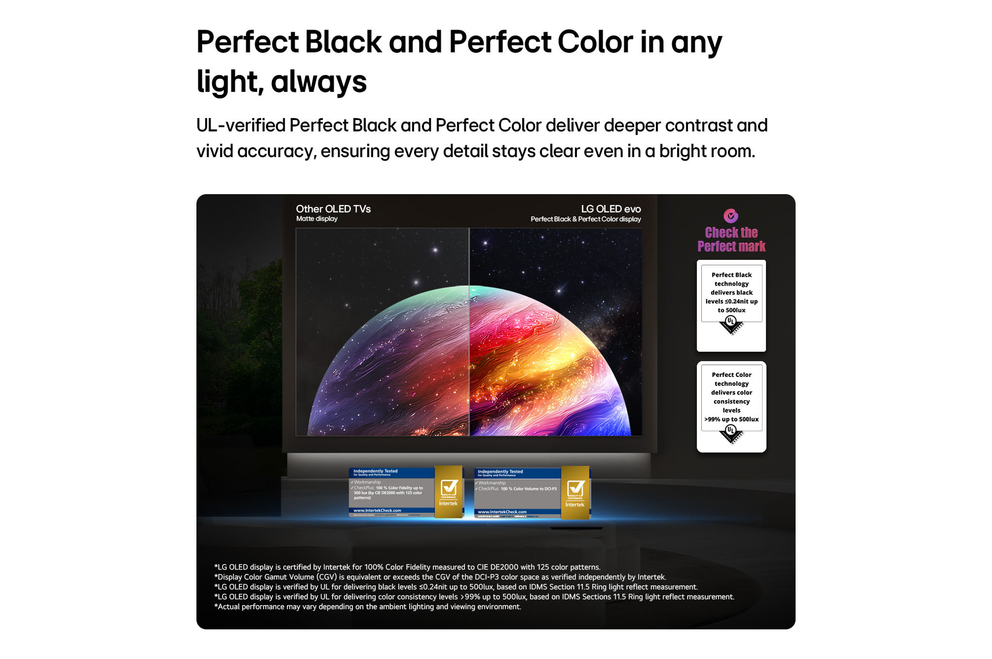 Comparaison LG OLED evo vs autres téléviseurs OLED : Noir Parfait & Couleur Parfaite.