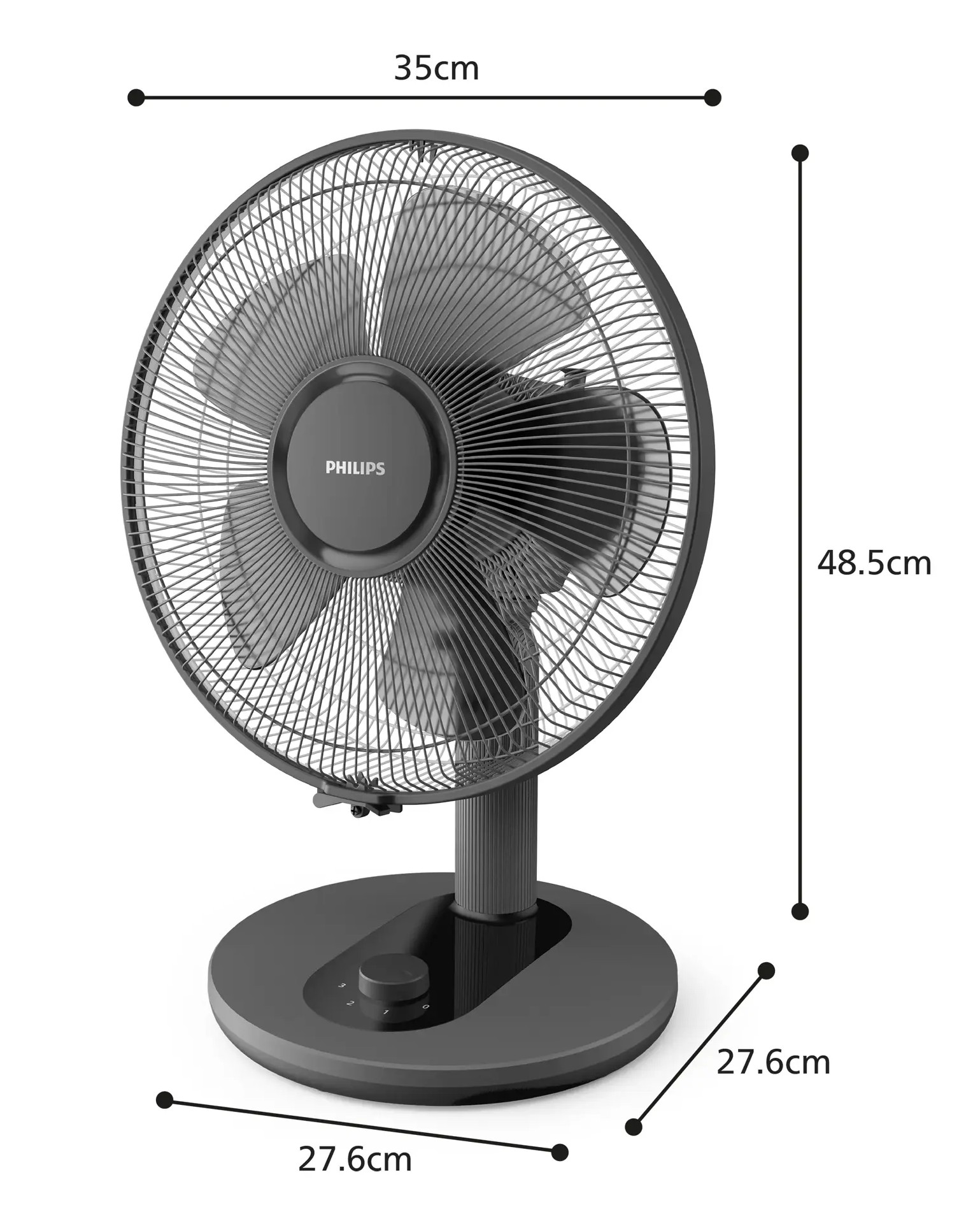 Ciemny wentylator biurkowy Philips o szerokości 35cm i wysokości 48,5cm.