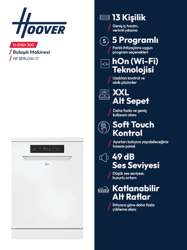 Kontrol panelli ve listelenmiş teknik özelliklere sahip beyaz Hoover bulaşık makinesi.