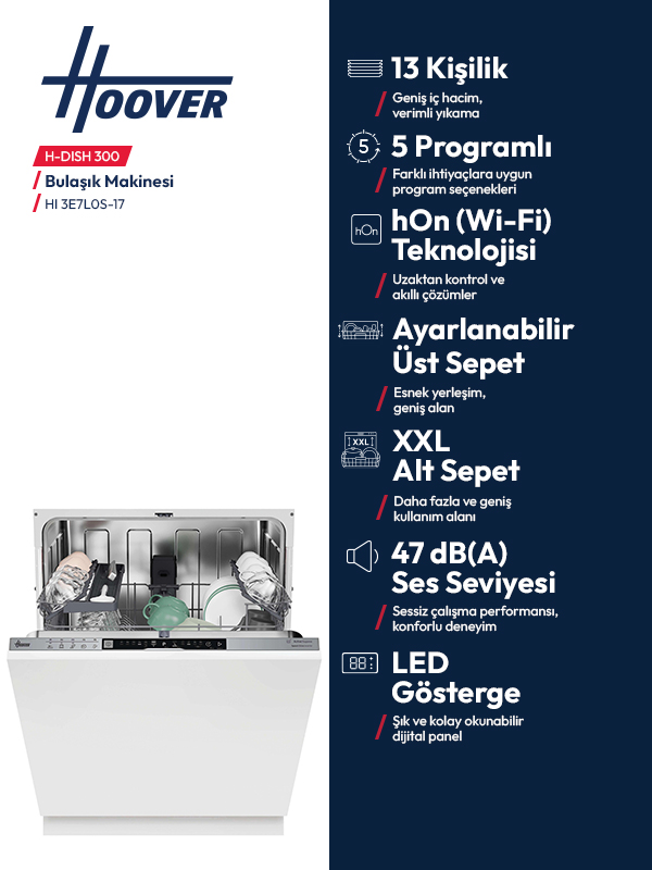 Hoover H-Dish 300 bulaşık makinesi açık iç kısım, raflar ve yeşil kase.
