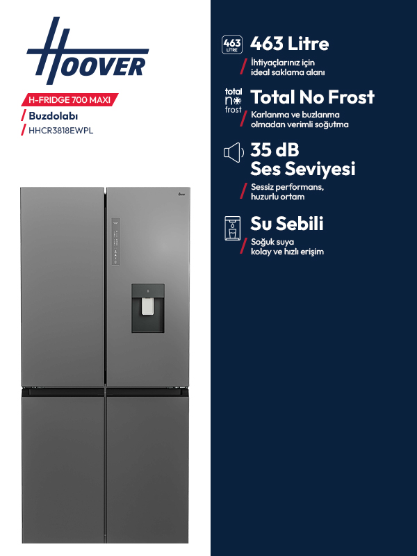 Önünde su sebili olan gri, dört kapılı Hoover buzdolabı.