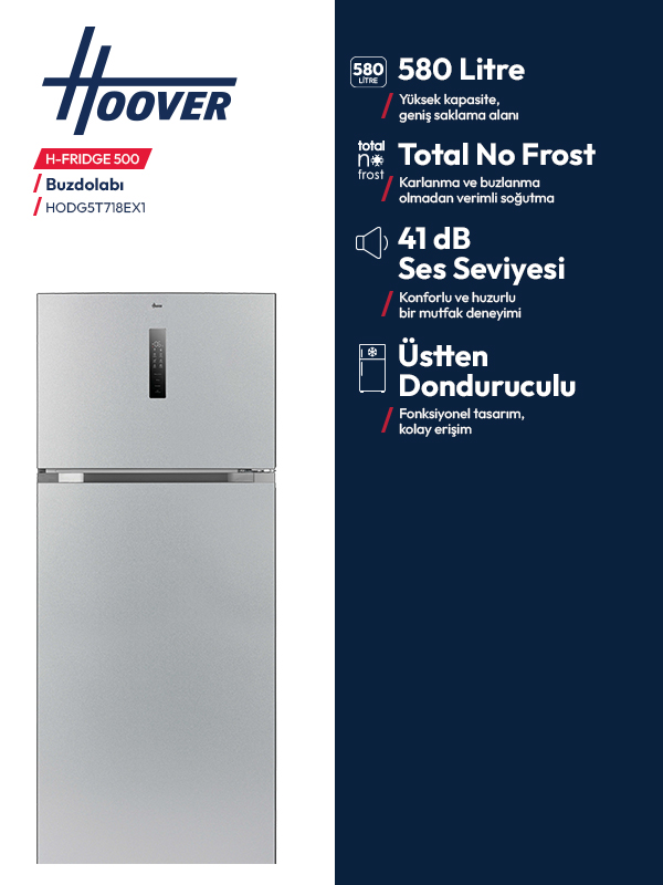 Dokunmatik ekranlı ve özellik etiketli gümüş Hoover buzdolabı.