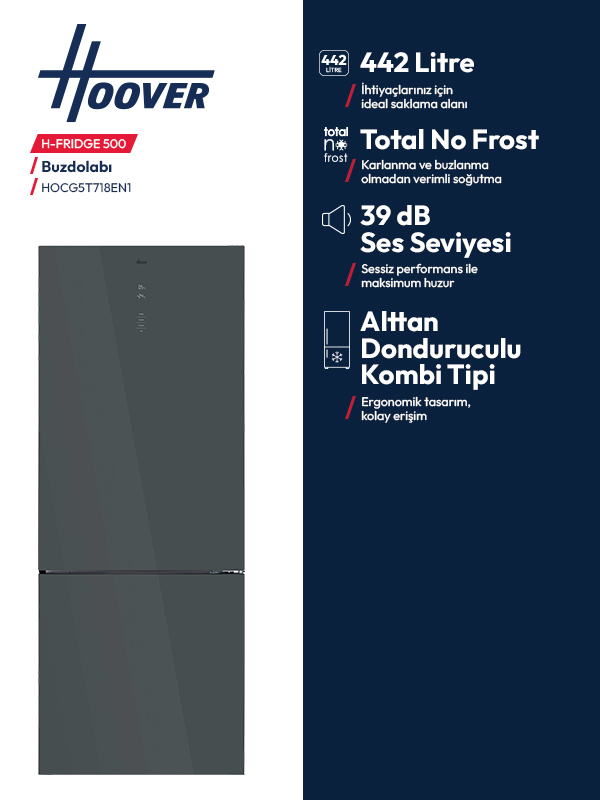 Gri Hoover buzdolabı 442L, Total No Frost, 39dB, alt donduruculu.