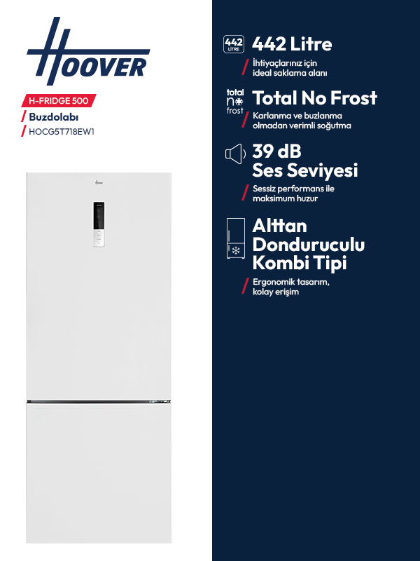 Toplam 442 litre kapasiteli beyaz Hoover H-Fridge 500 buzdolabı.