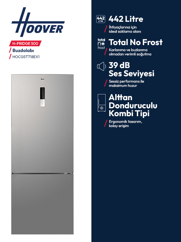 Gümüş Hoover buzdolabı, 442L, No Frost, 39dB, alttan donduruculu.