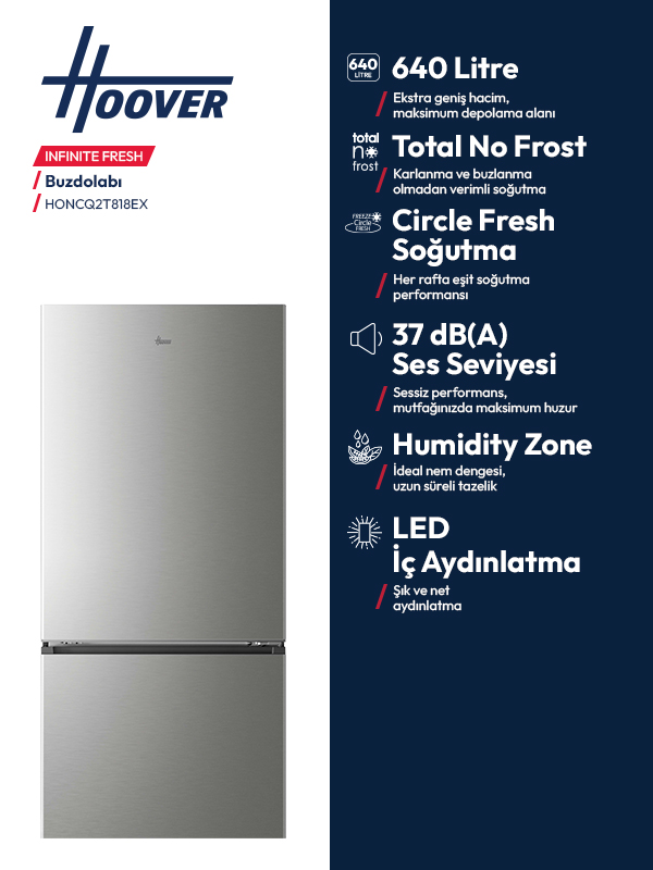 Infinite Fresh teknolojili gümüş Hoover buzdolabı ve detaylı özellikler.