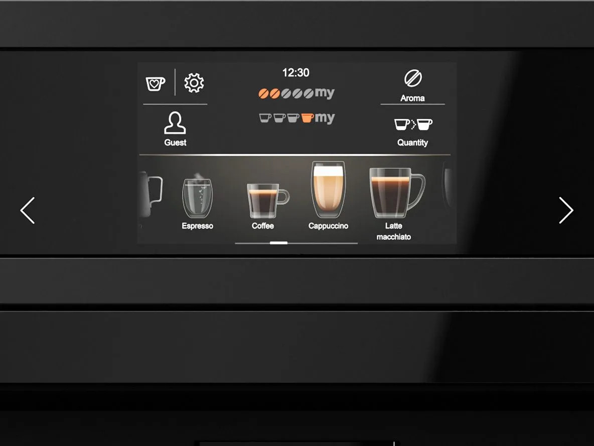 Ekran ekspresu do kawy pokazuje opcje napojów: Espresso, Kawa, Cappuccino, Latte Macchiato.