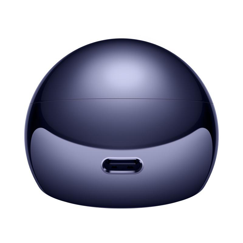 Dunkelblaues, glänzendes Ladeetui mit USB-C-Anschluss auf der Vorderseite.