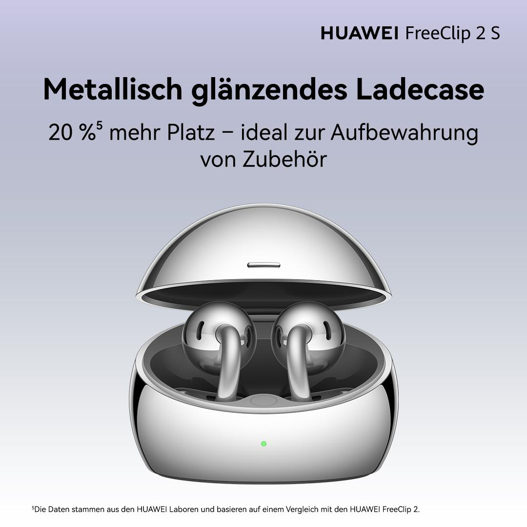 Ein metallisch glänzendes Ladecase mit zwei silbernen Ohrhörern darin.