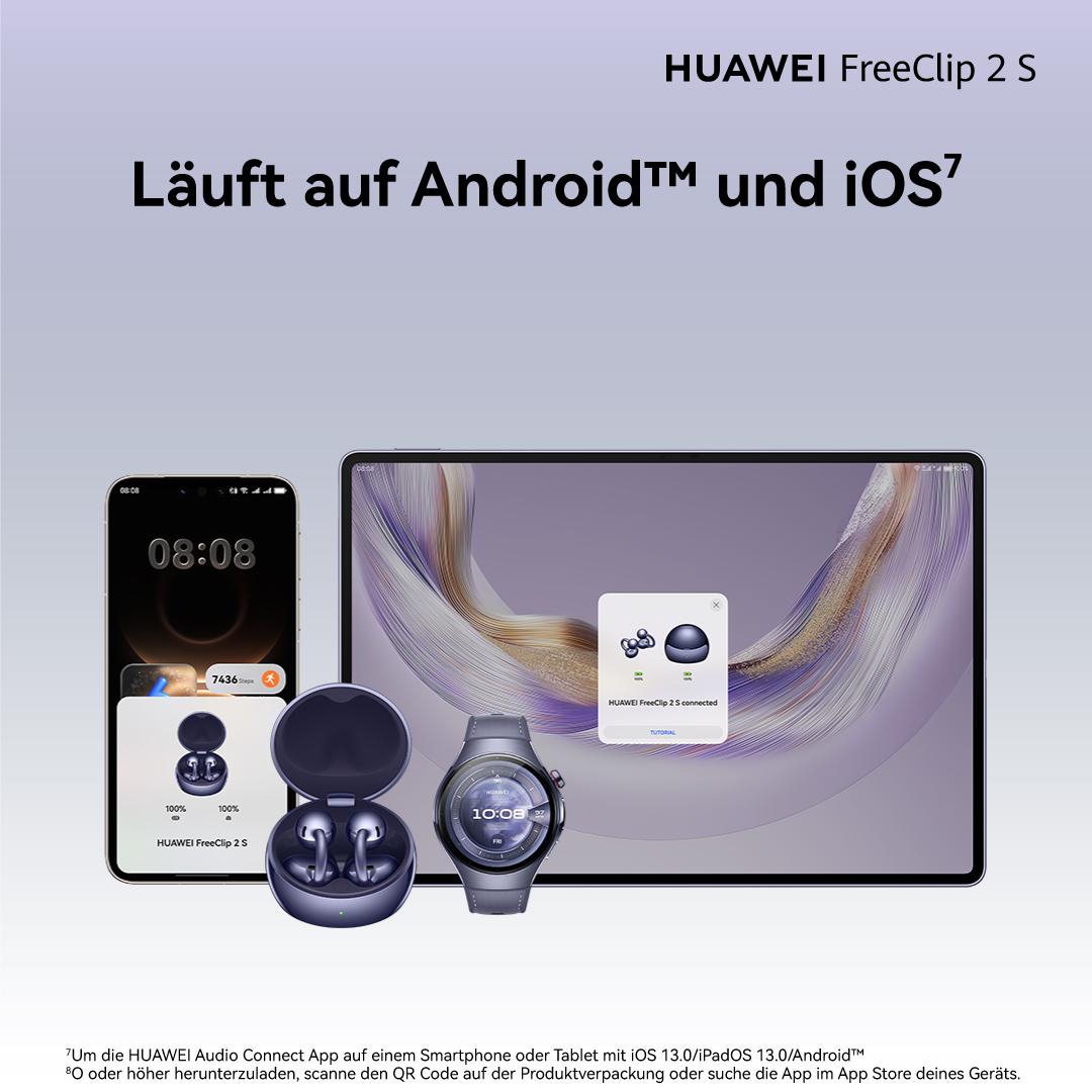 Huawei FreeClip 2 S mit Smartphone, Tablet, Ohrhörern und Smartwatch.