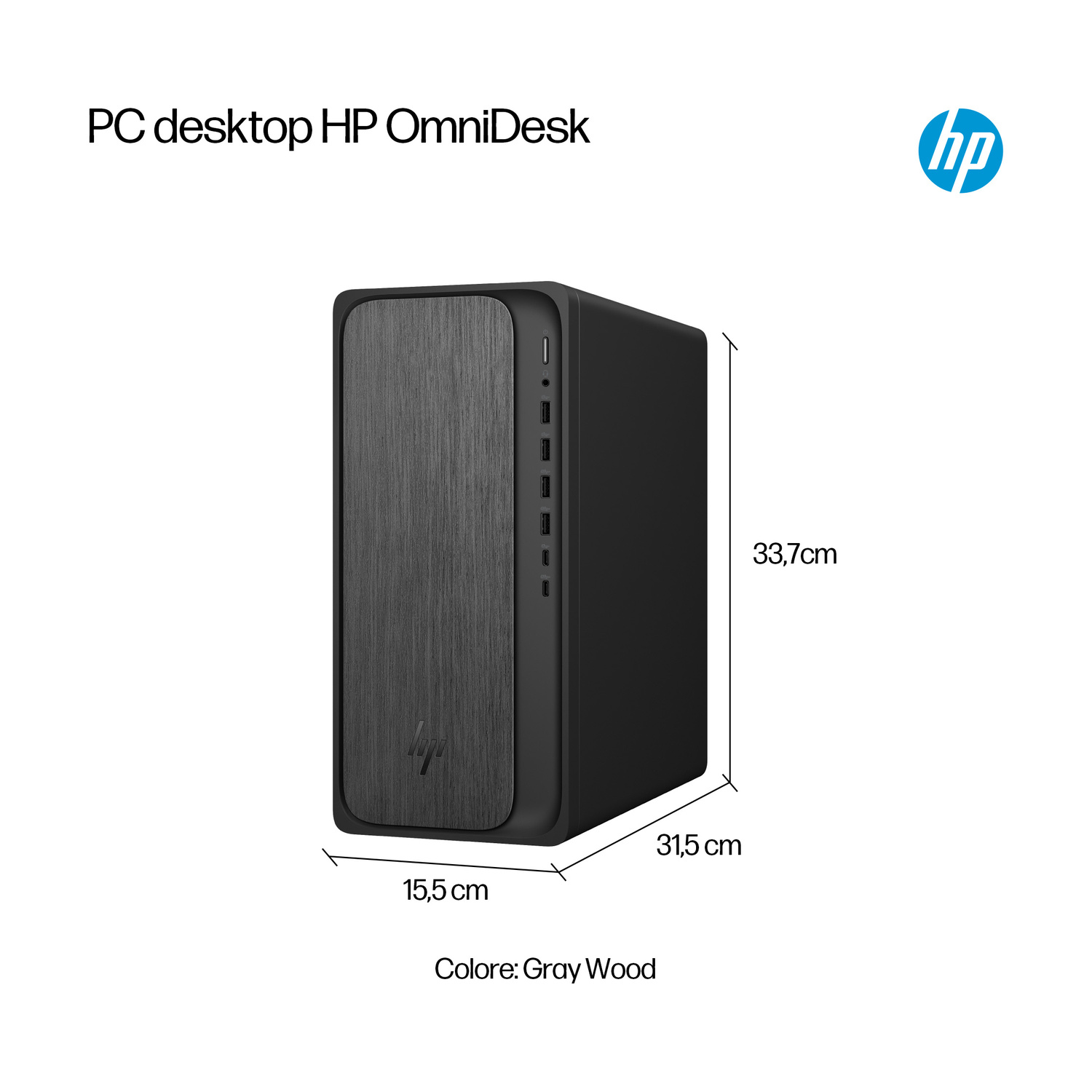 Un PC desktop HP OmniDesk grigio, misura 15,5x31,5x33,7 cm.
