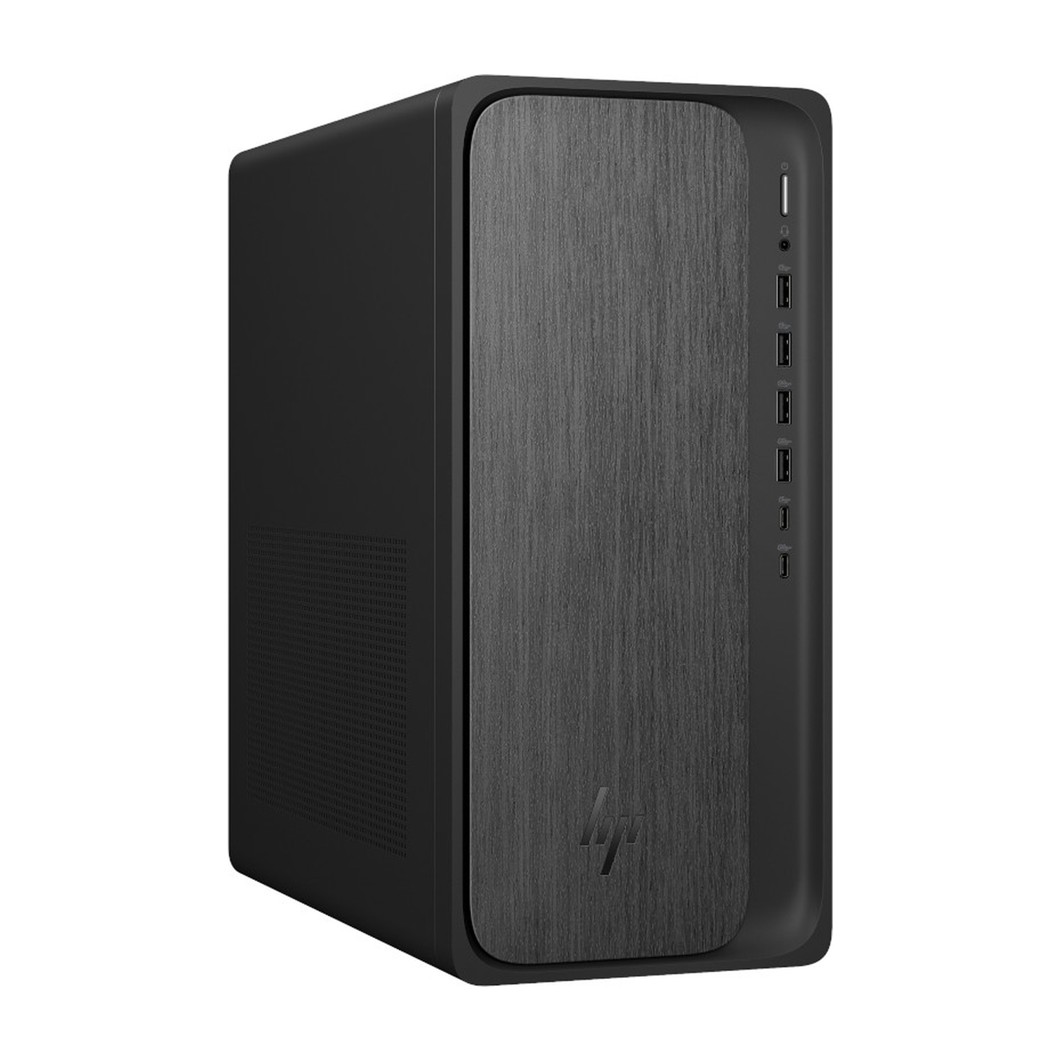 Case desktop HP nero con pannello frontale spazzolato e porte laterali.