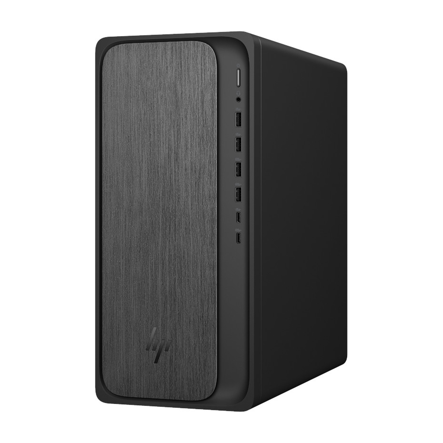 Tower desktop HP nero con pannello frontale in metallo spazzolato e logo HP.