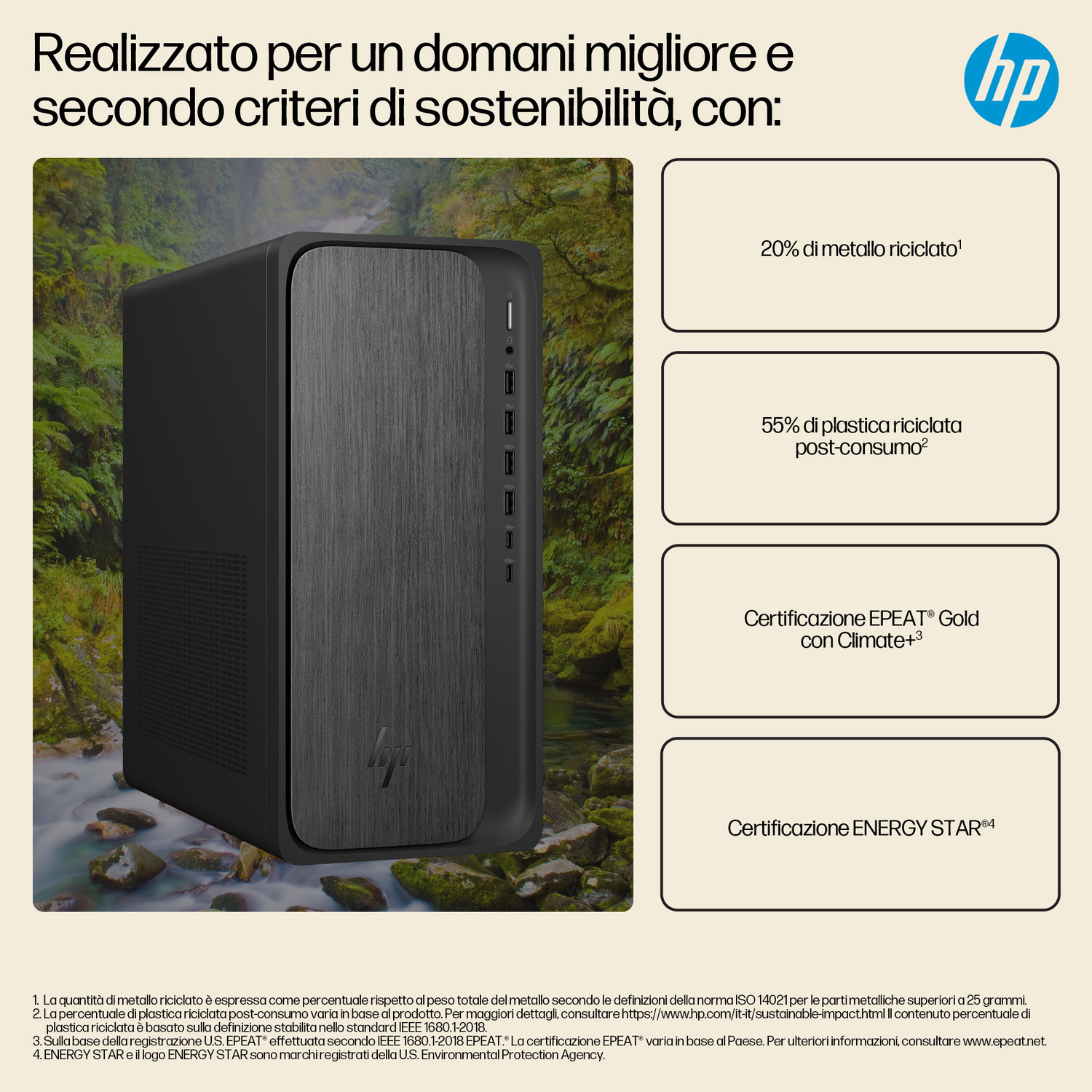 Un PC tower HP nero davanti a una foresta con cascata. Accanto, riquadri con certificazioni di sostenibilità.