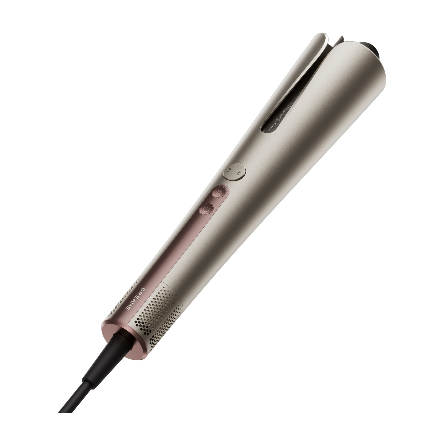 Un arricciacapelli automatico argento con accenti oro rosa e cavo nero.