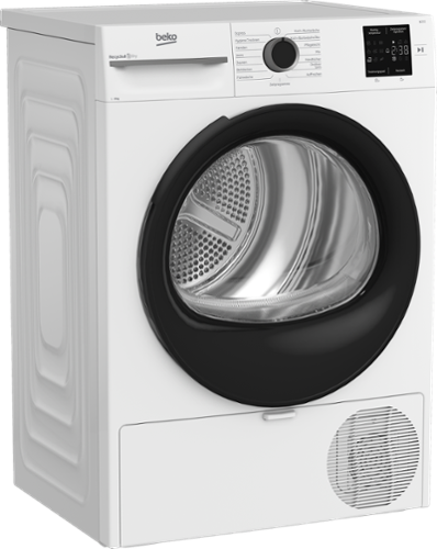 Eine weiße Beko-Wäschetrockner mit schwarzer Tür und digitaler Anzeige.