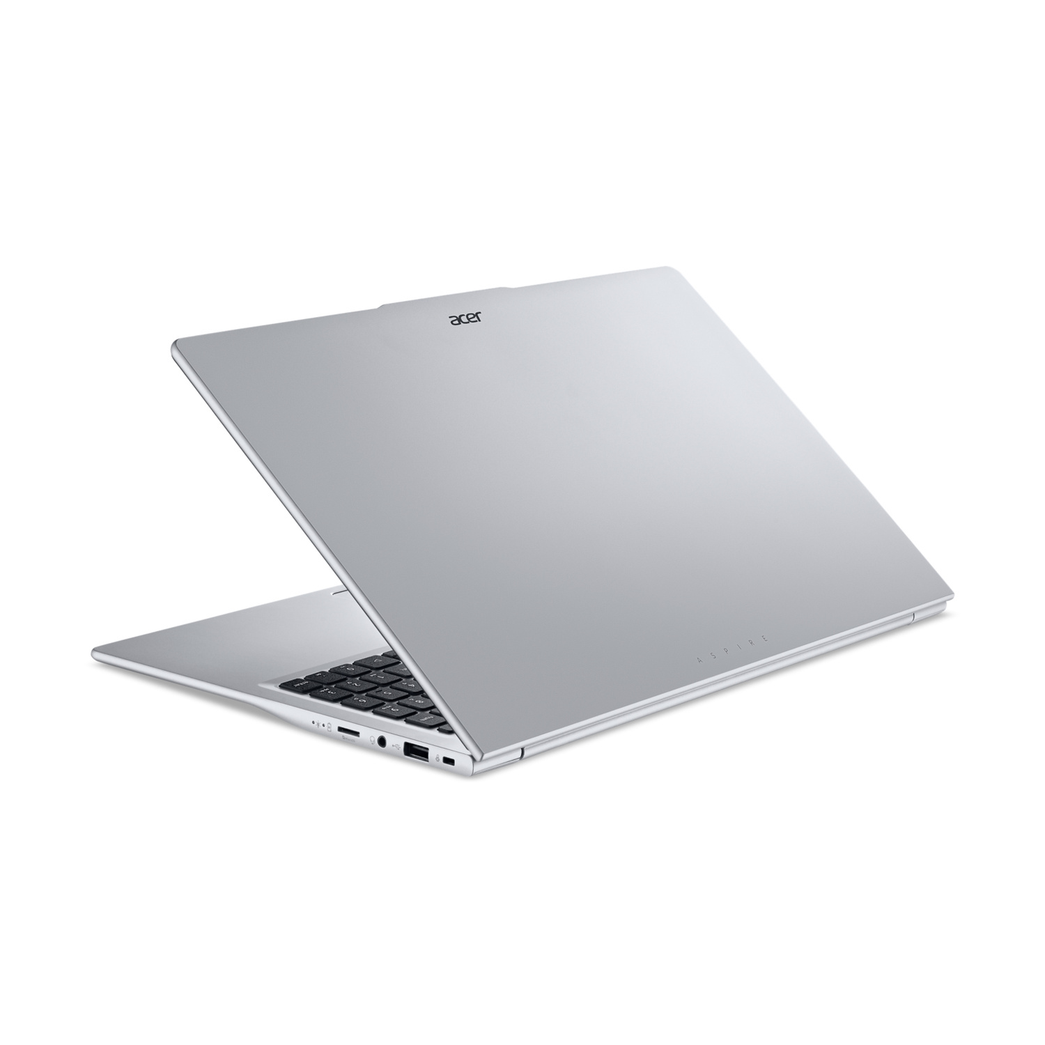 Un laptop Acer Aspire argentato con lo schermo aperto, che rivela la tastiera.