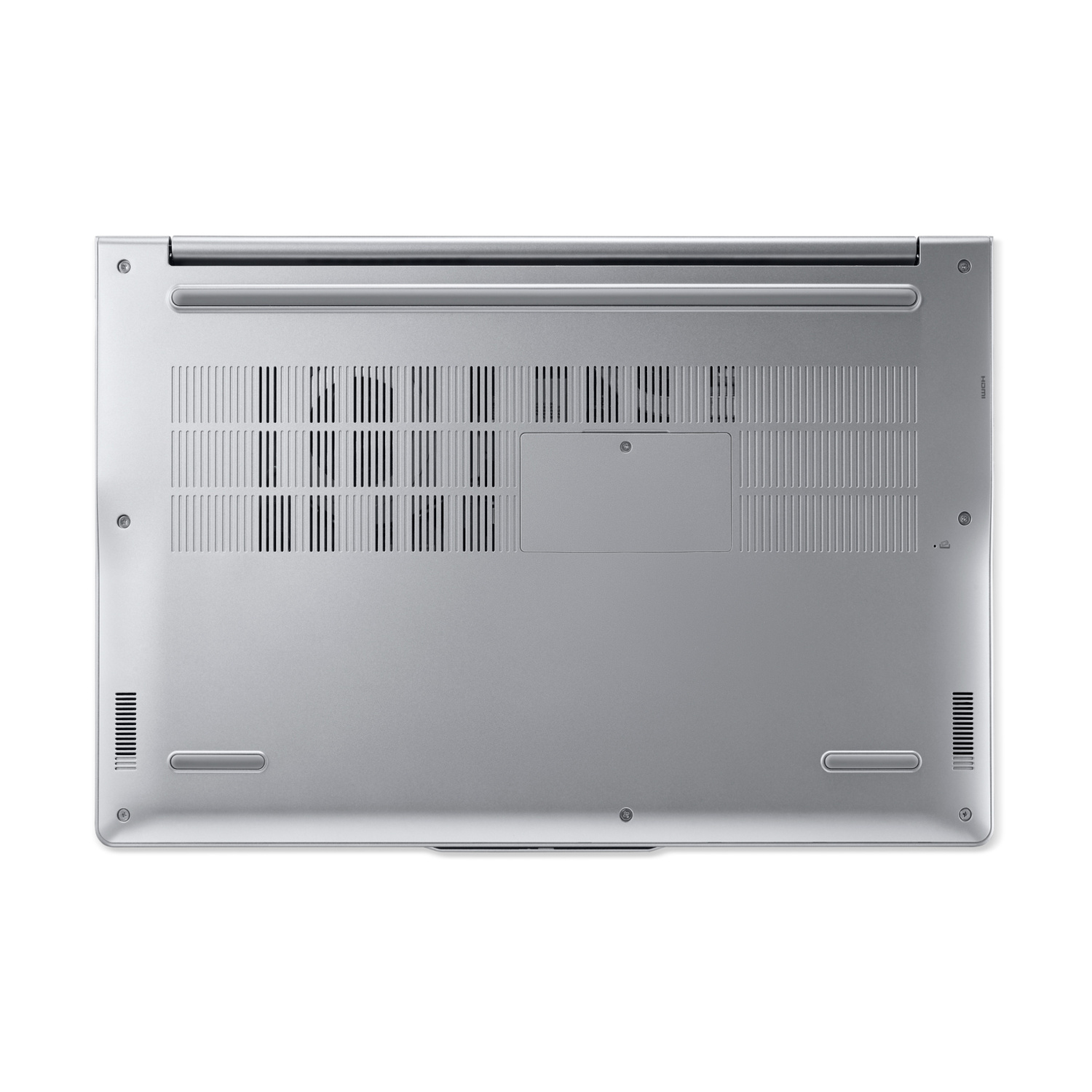 Vista inferiore laptop argento con prese d'aria, viti e porte.