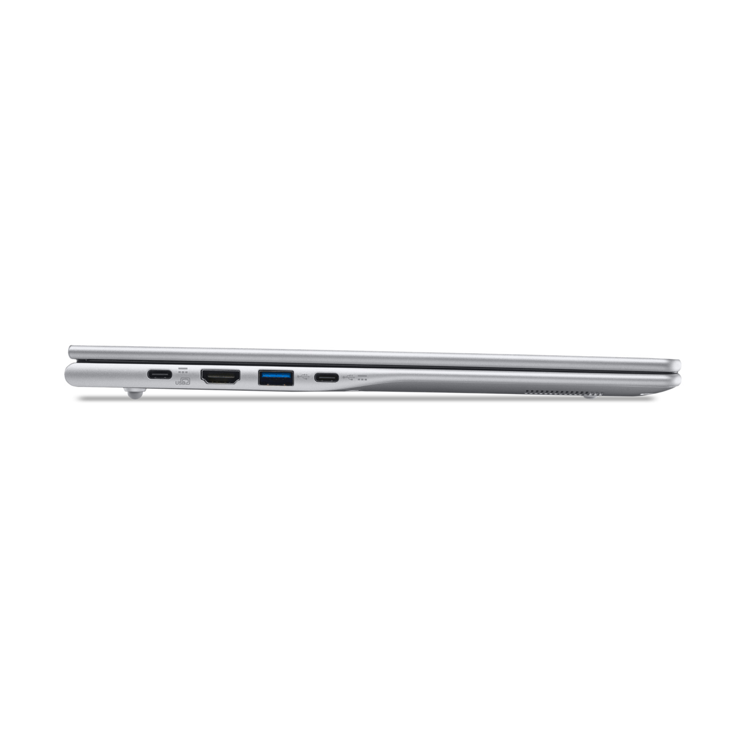 Vista laterale di laptop argento con porte USB e HDMI.