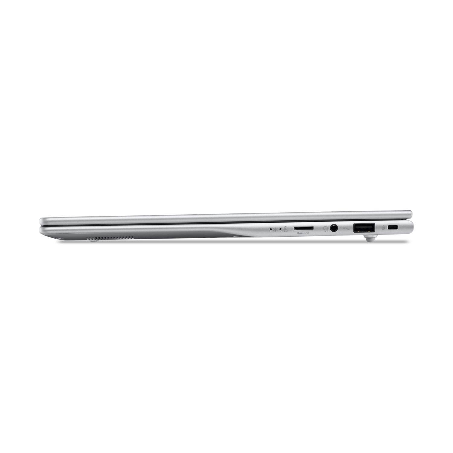 Profilo laptop argento che mostra le porte: lettore schede SD, jack cuffie, porta USB.