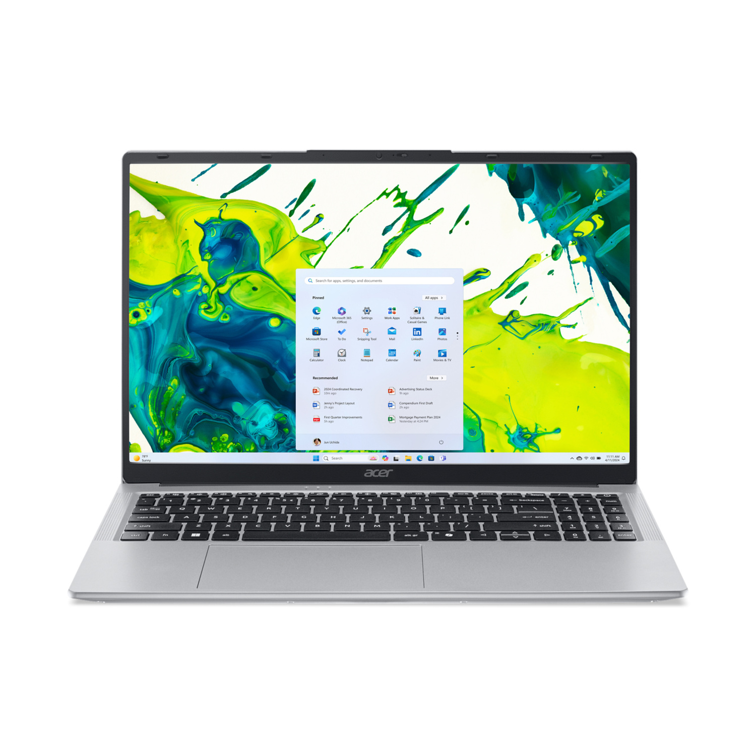 Un laptop Acer argentato è aperto, mostra uno sfondo astratto colorato e il menu Start di Windows.