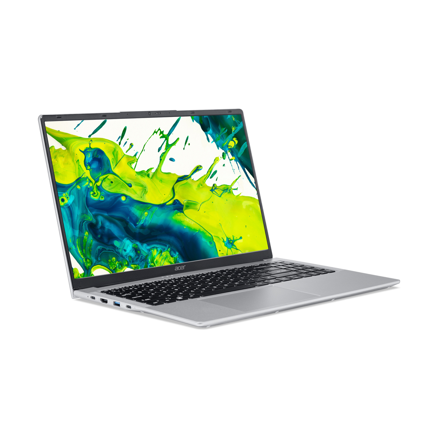 Un laptop Acer argentato con uno sfondo astratto colorato sullo schermo.