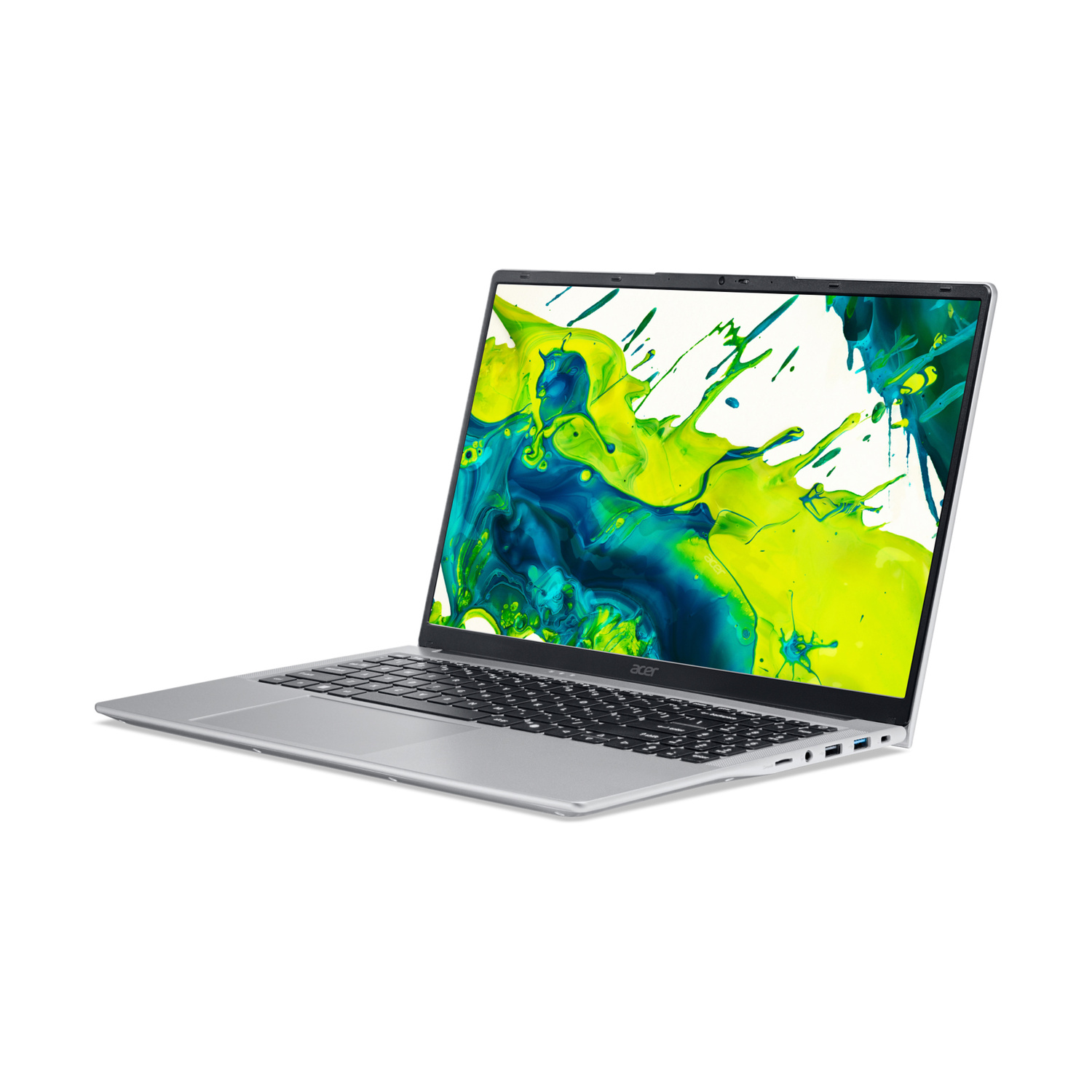 Un laptop argentato con uno schermo colorato a schizzi.