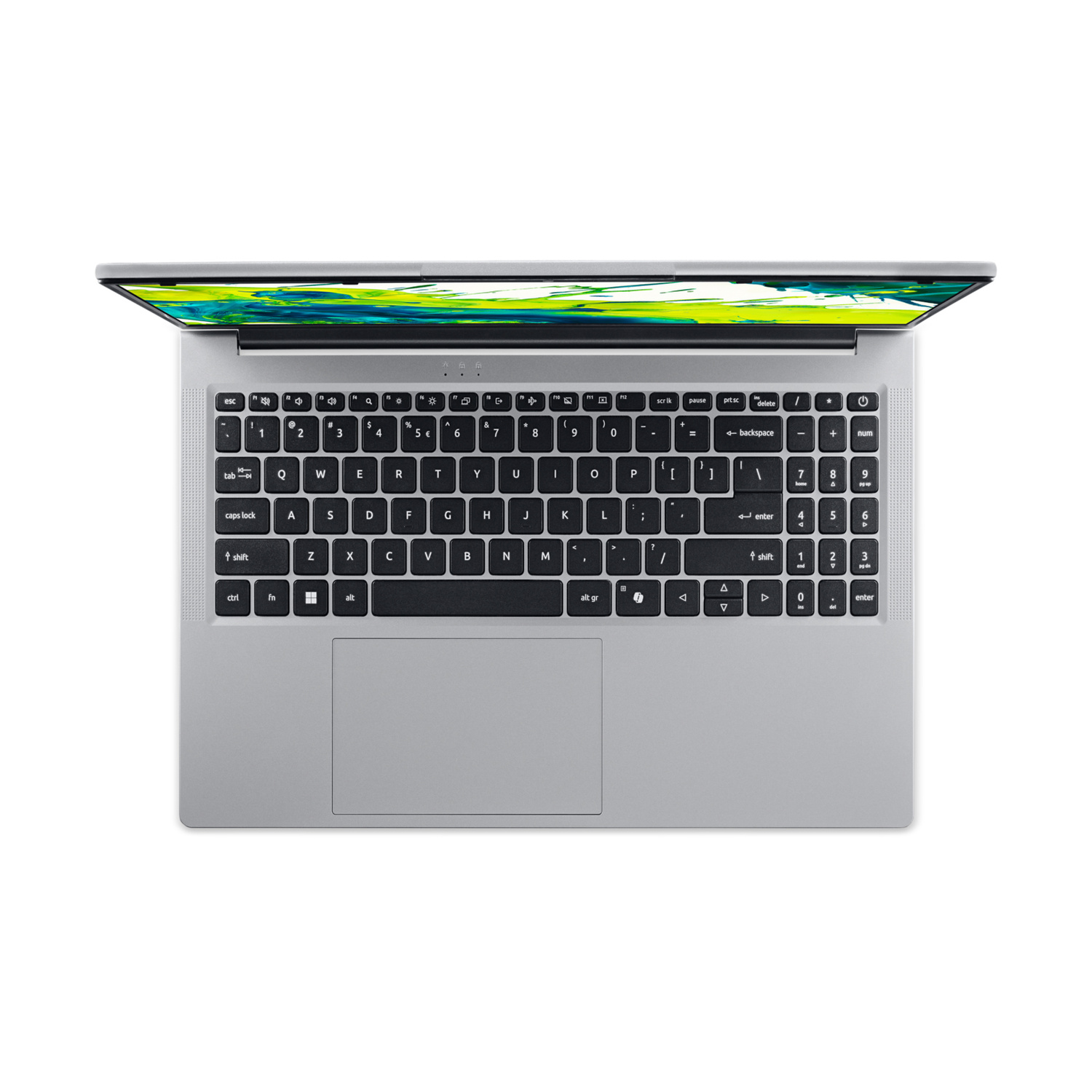 Un laptop argento aperto che mostra la tastiera e uno schermo con motivo verde e giallo.