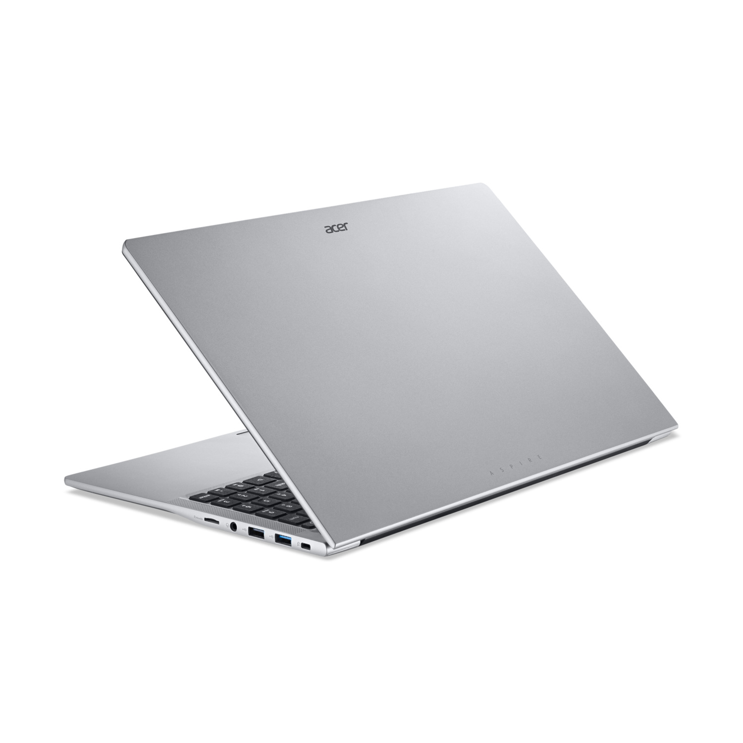 Un laptop Acer Aspire argentato, aperto, mostra schermo e tastiera.