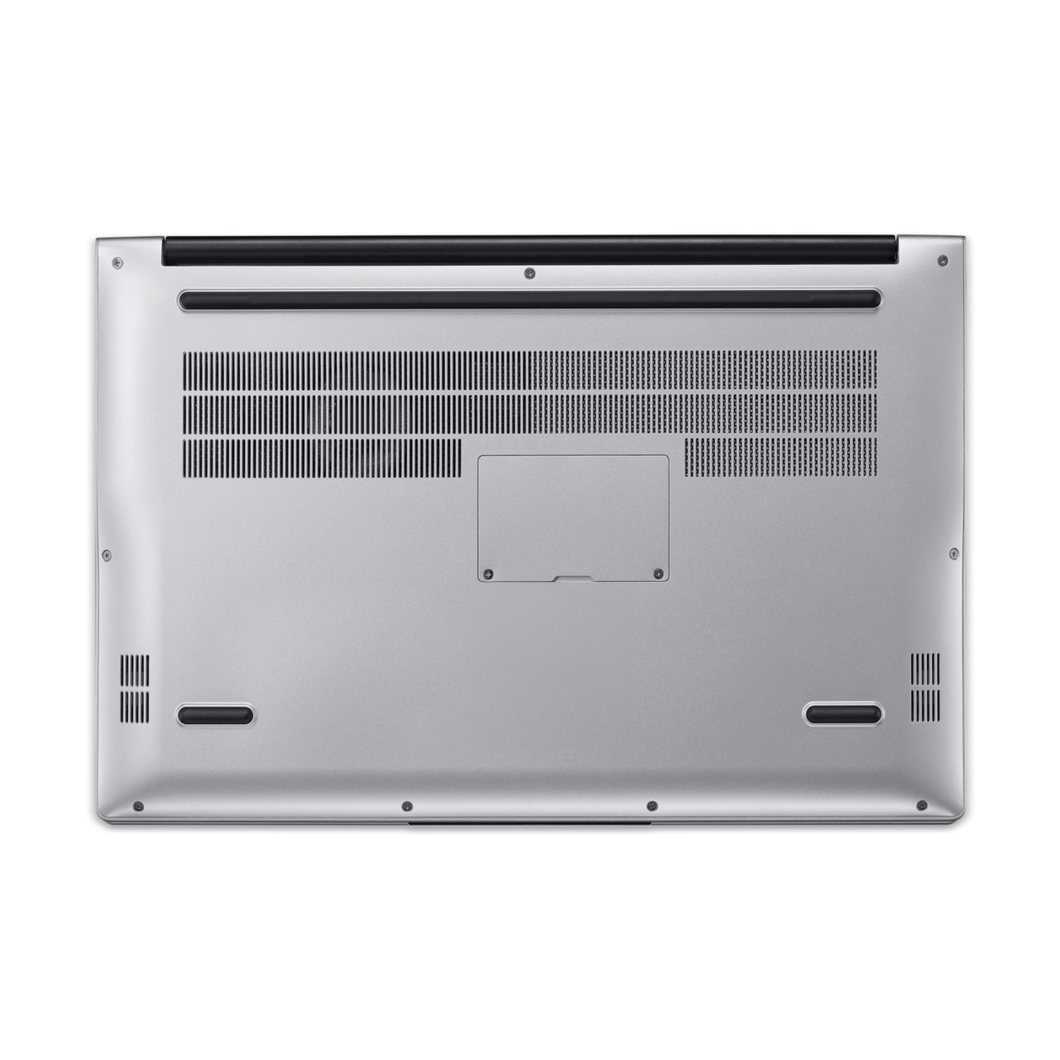 Parte inferiore di un laptop argentato, con prese d'aria e viti.