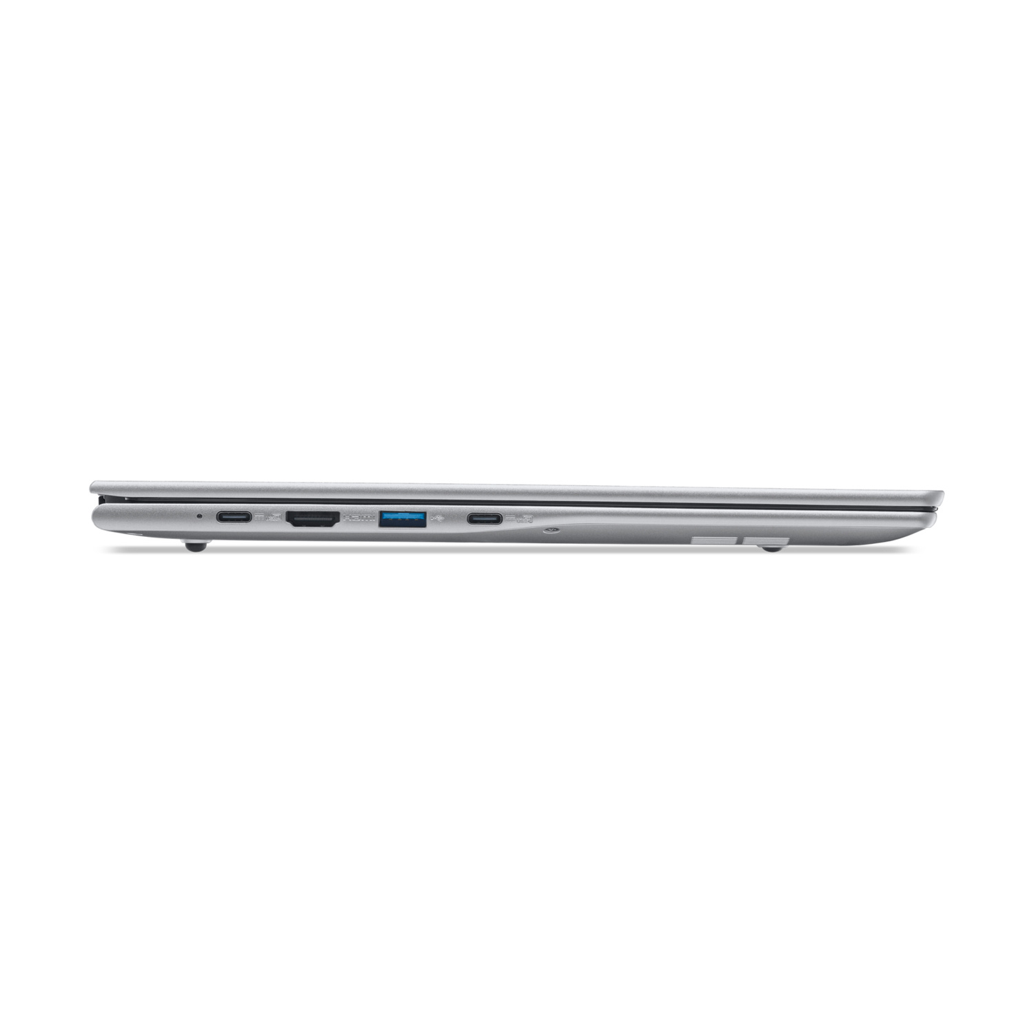 Vista laterale di laptop argento con porte: USB-C, HDMI, USB-A.