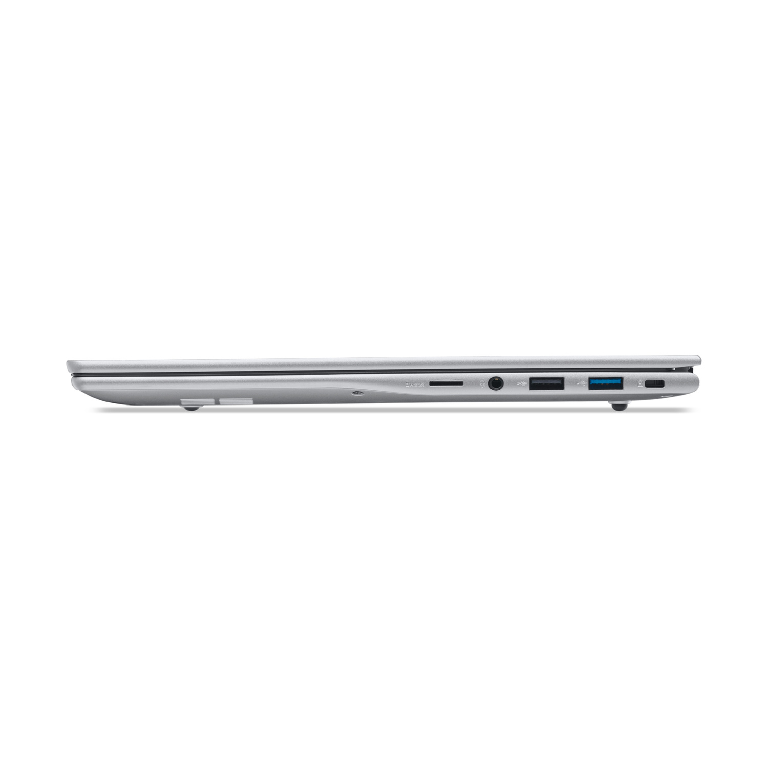 Lato laptop argento con porte: scheda SD, audio, USB-A, USB-C.