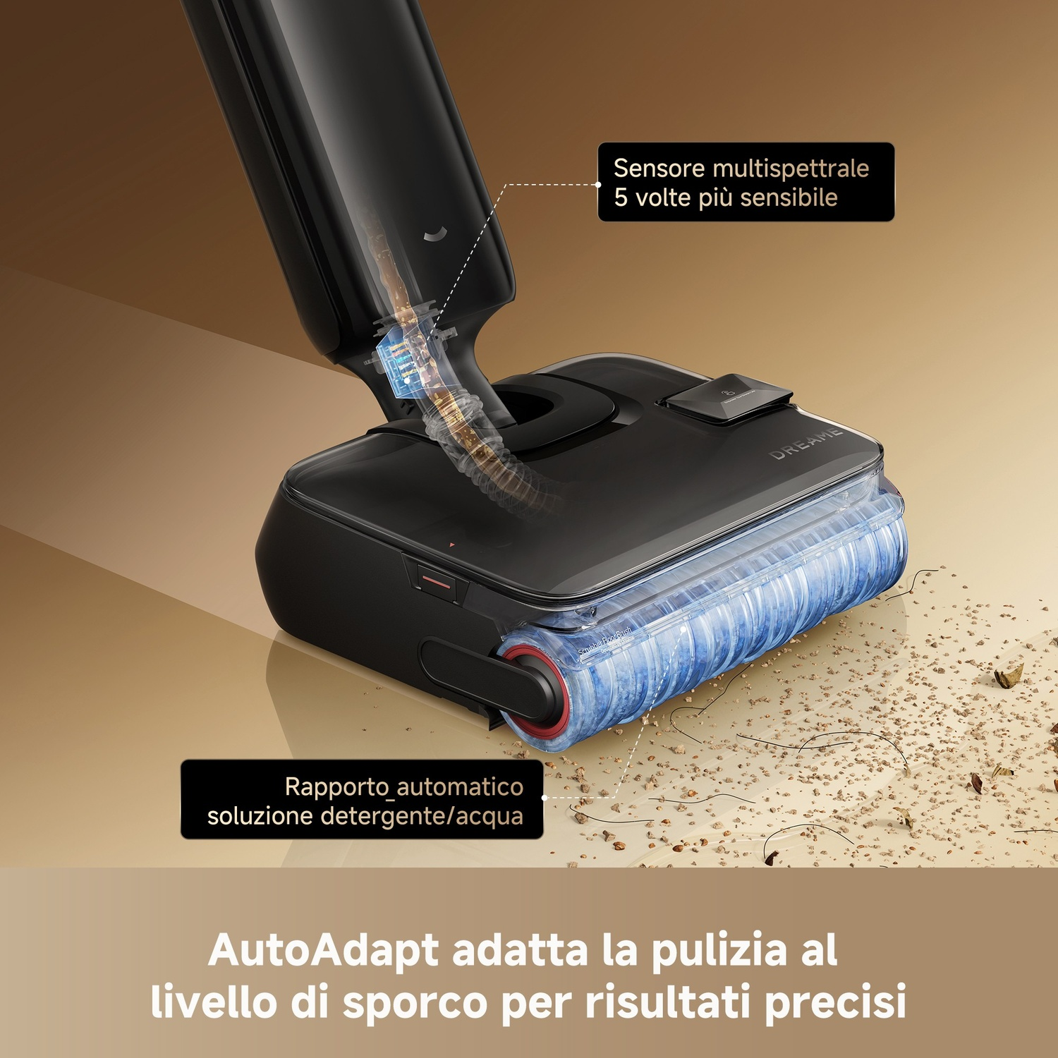 Aspirapolvere nero con spazzola e sporco a terra. Sensori e rapporto acqua/detergente.