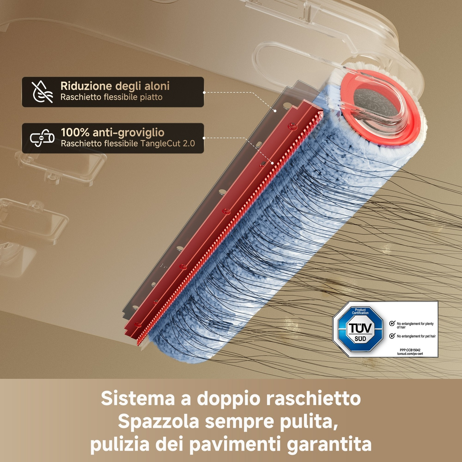 Testina di pulizia con tergipavimento piatto e spazzola a spirale.