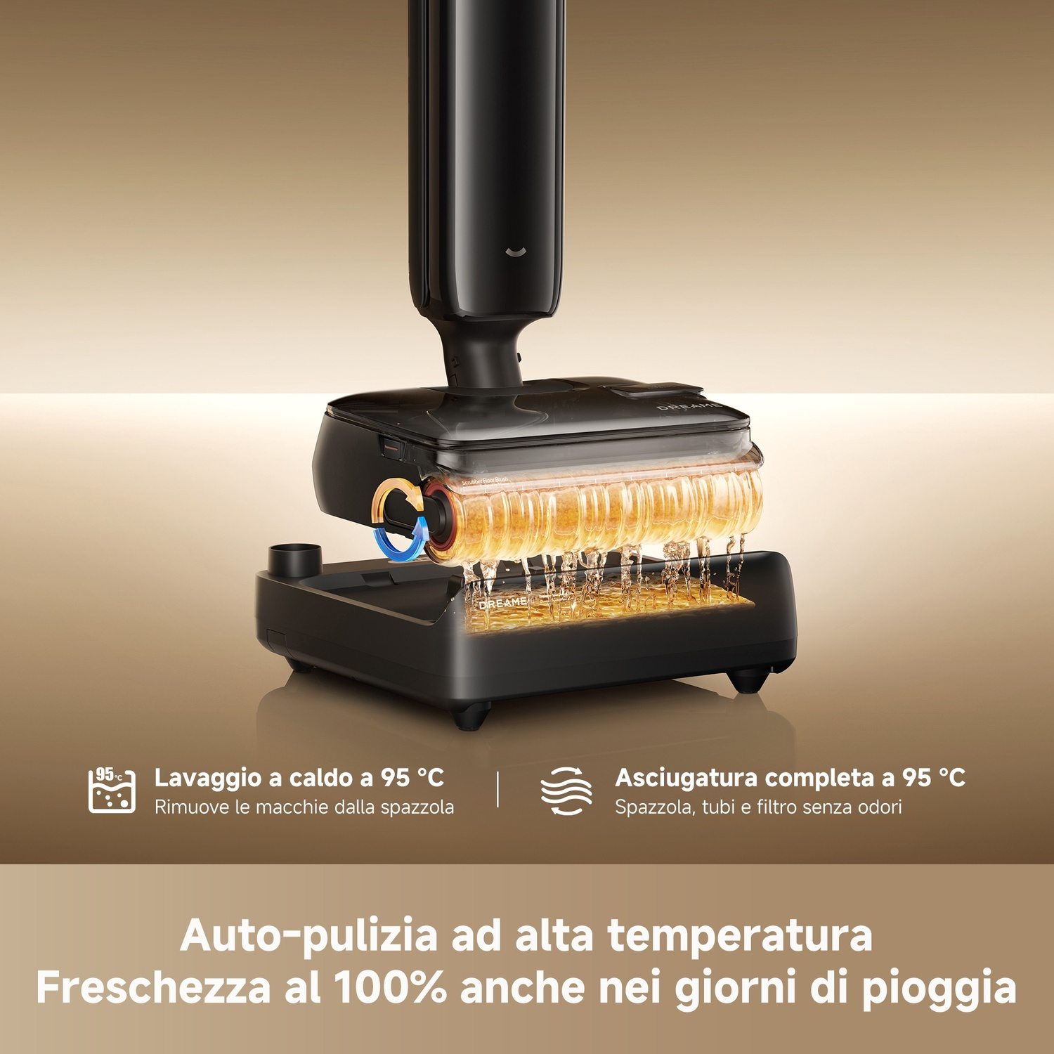 Un pulitore per pavimenti nero con alloggiamento trasparente che mostra l'acqua.