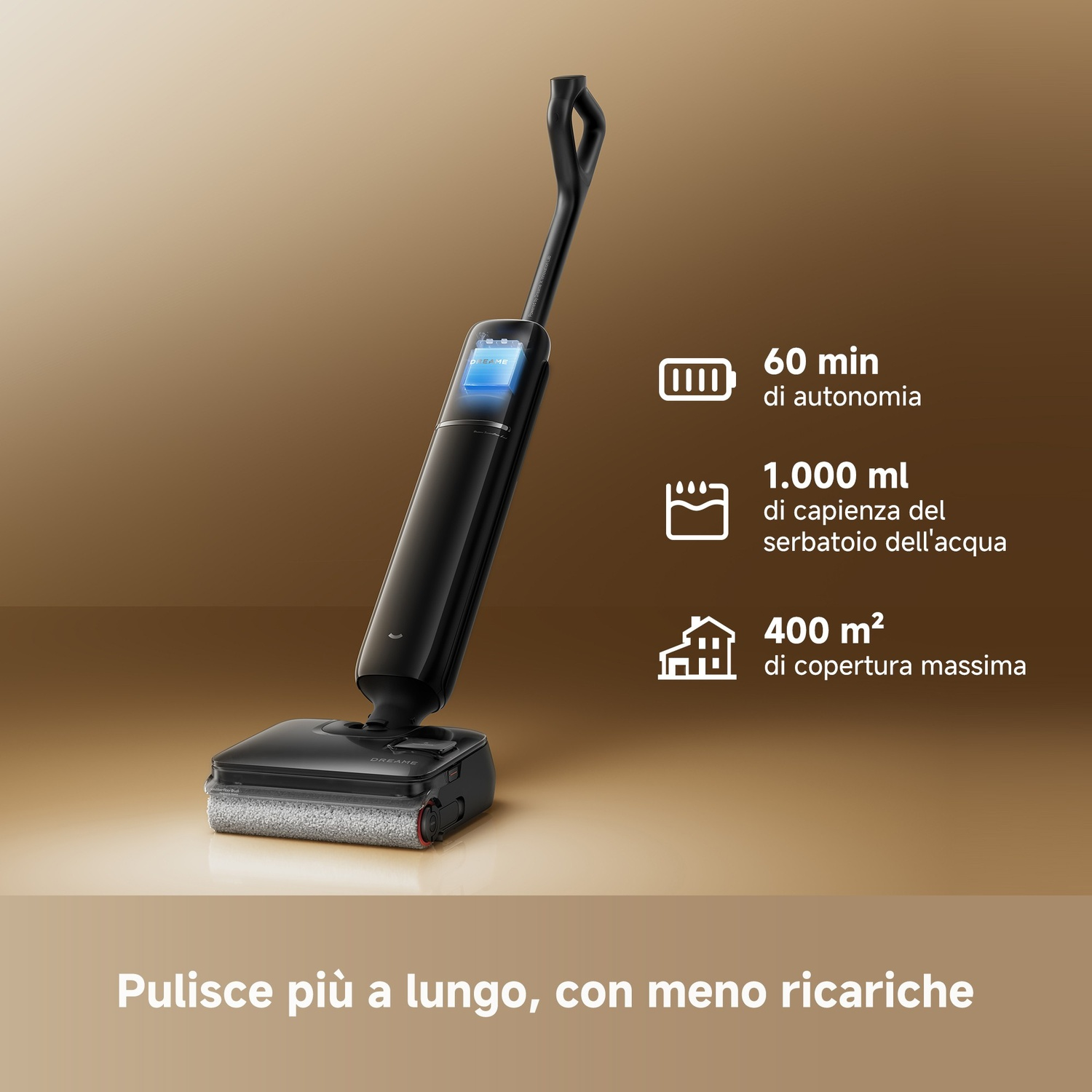 Un lavapavimenti nero con schermo blu, 60 min autonomia, serbatoio 1L.
