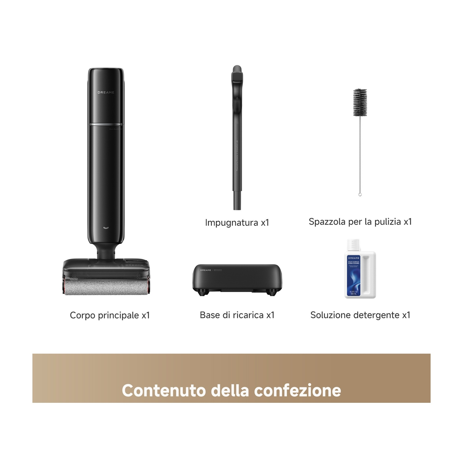 Unità principale, manico, spazzola, base di ricarica e soluzione detergente.