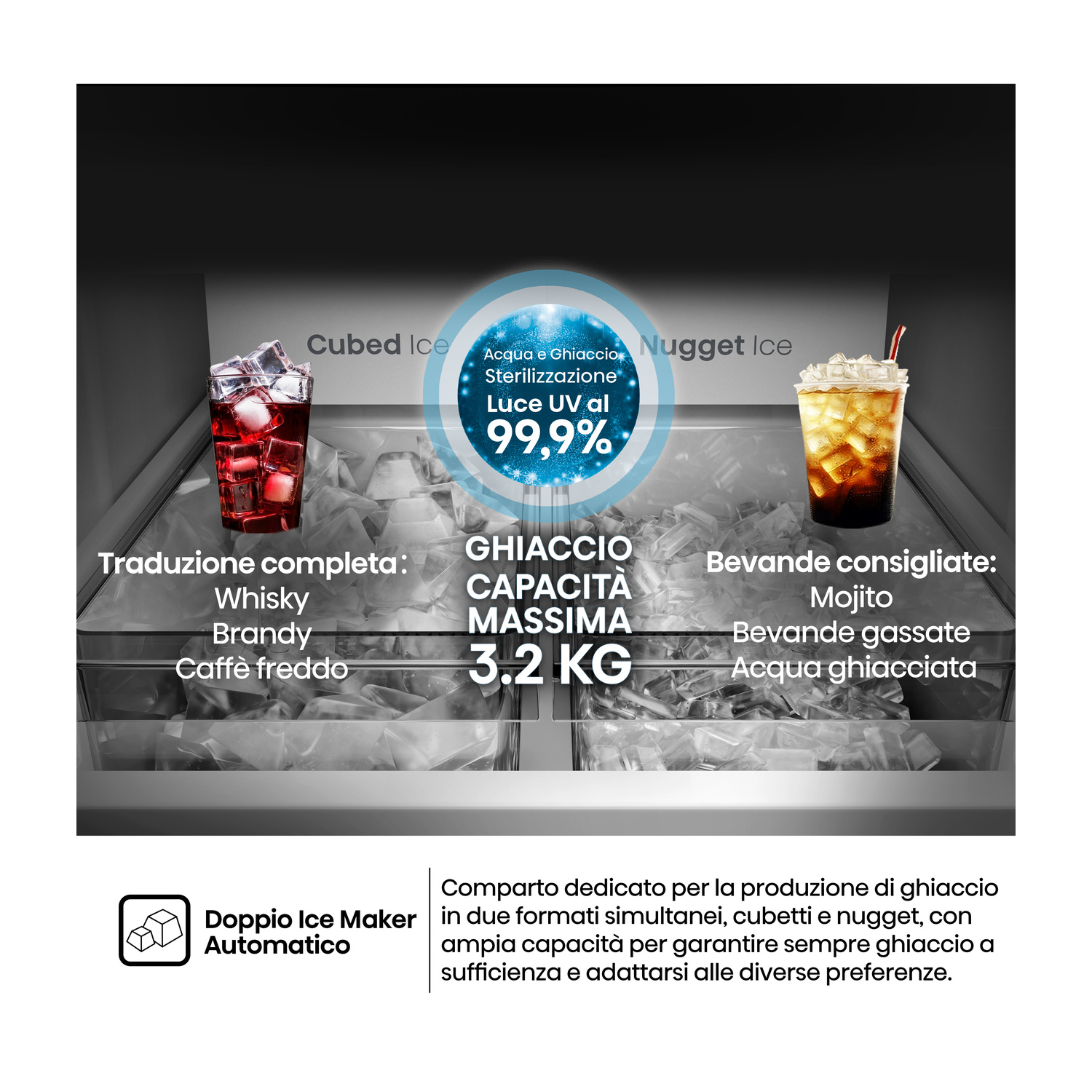 Ghiaccio cubetti e nugget: capacità 3,2 kg, sterilizzazione UV.