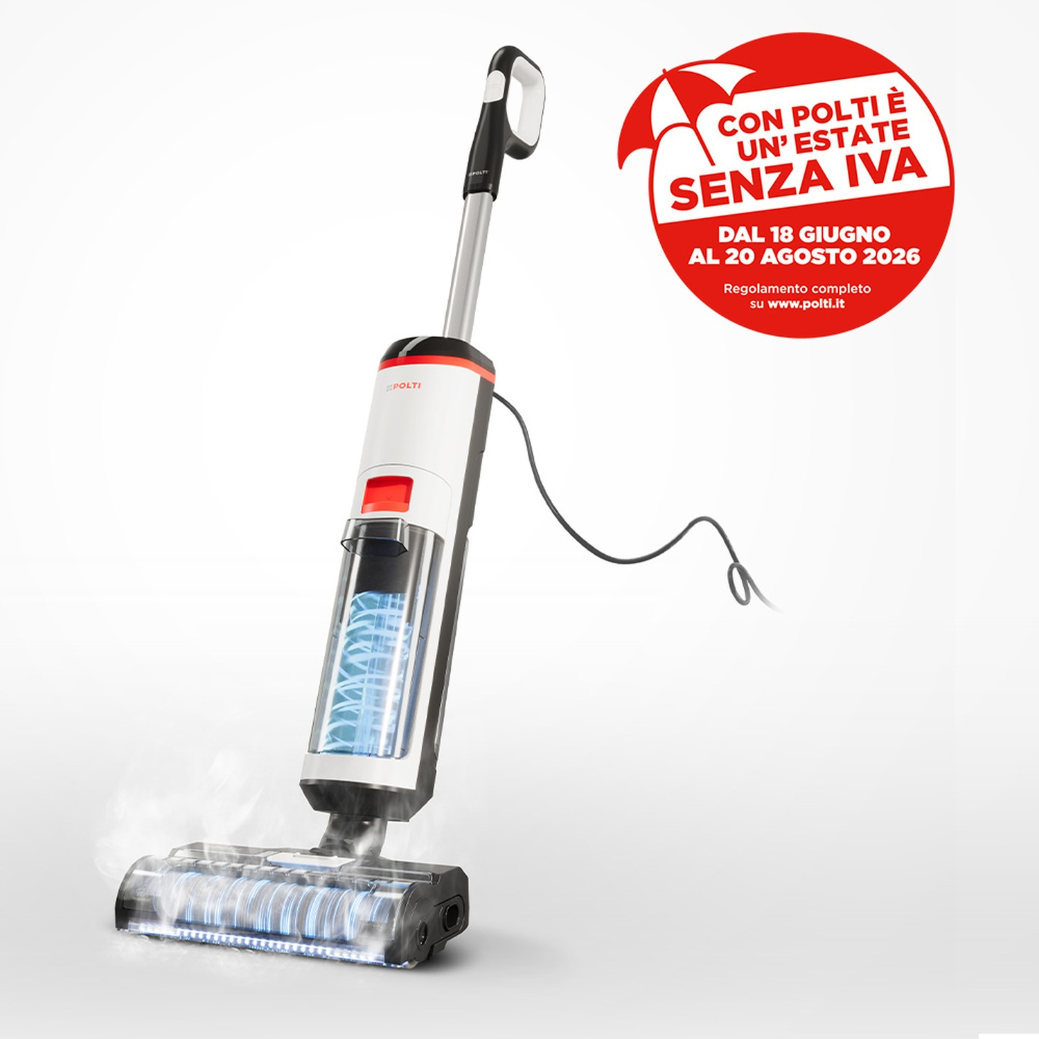 Un pulitore Polti bianco e rosso con serbatoio acqua visibile e vapore.