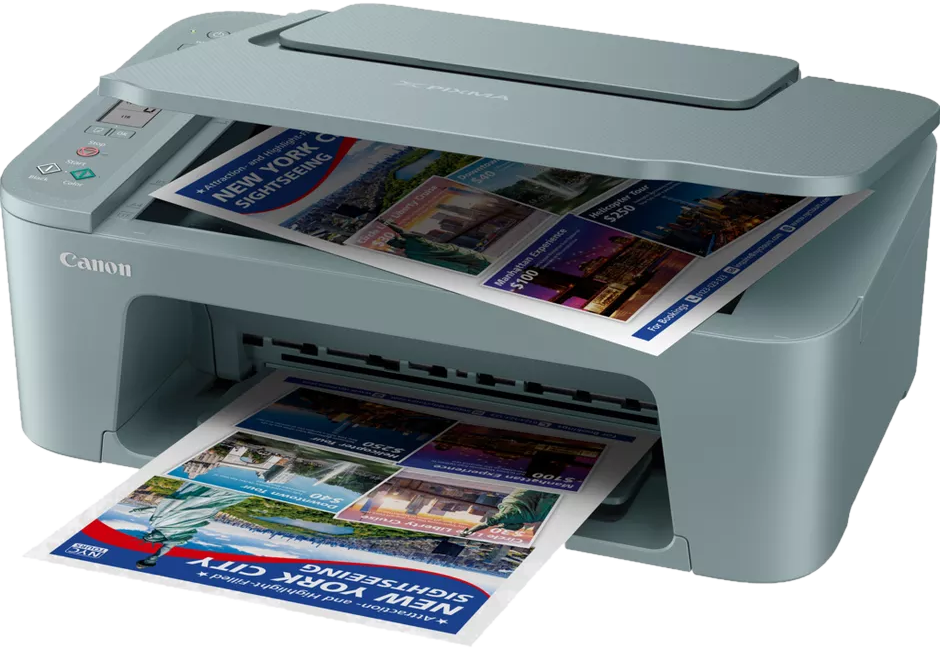 Ein grauer Canon Drucker druckt Reisebroschüren für New York.